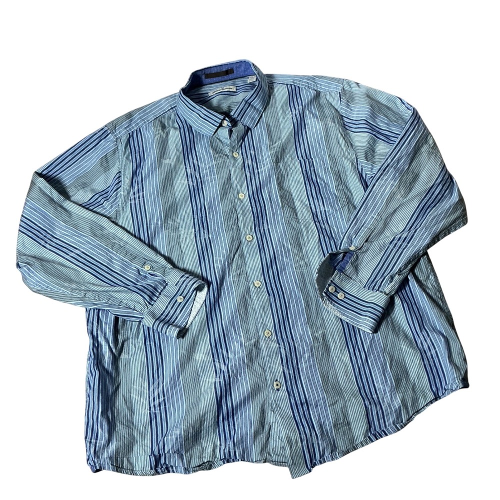 Tommy Bahama Silk Blend Striped Button Down Shirt Mens XXL/TT Blue Palm Leaf L/S